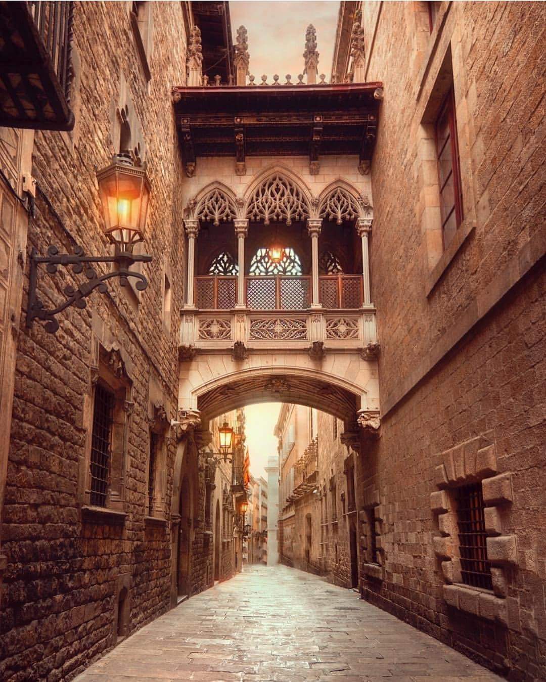 A gothic bridge arches over the Carrer del Bisbe in the Gothic Quarter ...